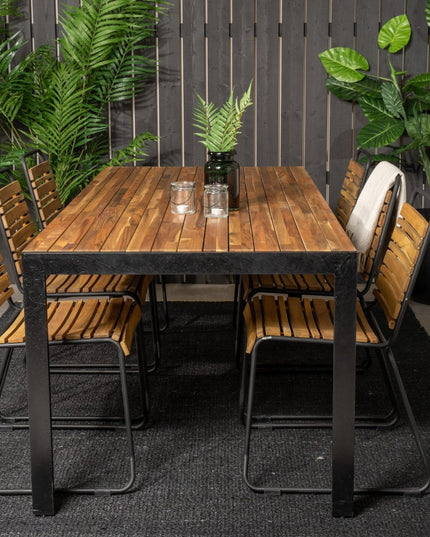 Bois ruokapöytä 200*100cm - mustat jalat / akaasia + 6kpl Bois ruokatuoli - musta al - KalusteDuo_Huonekaluliike_Ruokailuryhmä ulkokäyttöön