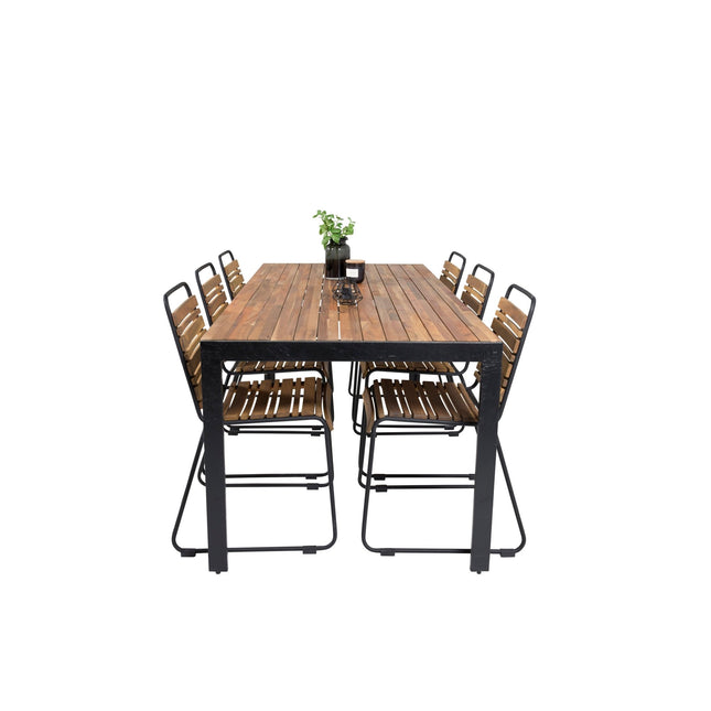 Bois ruokapöytä 200*100cm - mustat jalat / akaasia + 6kpl Bois ruokatuoli - musta al - KalusteDuo_Huonekaluliike_Ruokailuryhmä ulkokäyttöön