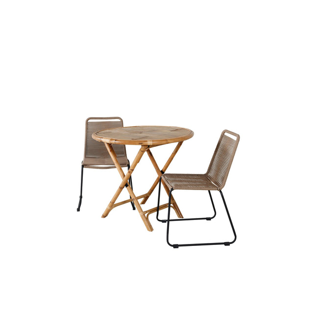 Cane pöytä ø80cm - bambu + 2kpl Lindos pinottava tuoli - musta alumiini / latte köysi - KalusteDuo_Huonekaluliike_Ruokailuryhmä ulkokäyttöön