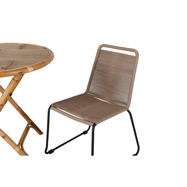 Cane pöytä ø80cm - bambu + 2kpl Lindos pinottava tuoli - musta alumiini / latte köysi - KalusteDuo_Huonekaluliike_Ruokailuryhmä ulkokäyttöön