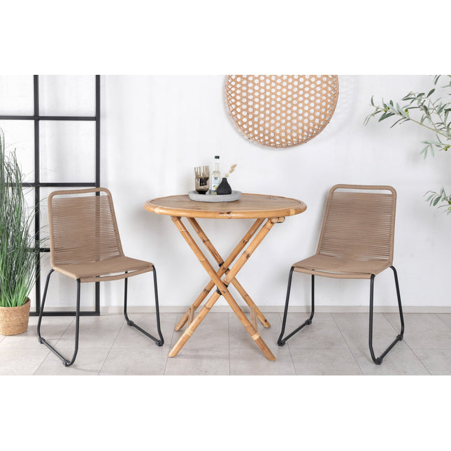 Cane pöytä ø80cm - bambu + 2kpl Lindos pinottava tuoli - musta alumiini / latte köysi - KalusteDuo_Huonekaluliike_Ruokailuryhmä ulkokäyttöön