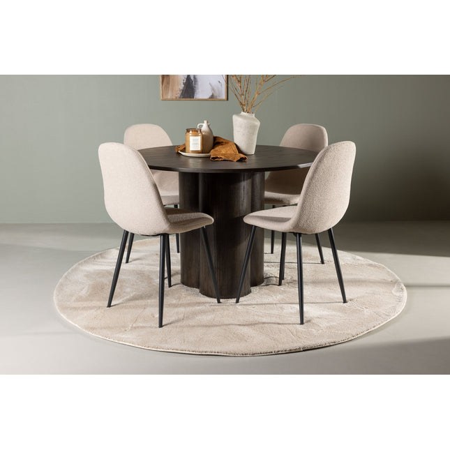 Olivia ruokapöytä 110 cm - mocca / mocca viilu + 4kpl Polar ruokatuoleja - musta / beige bouclé - KalusteDuo_Huonekaluliike_Ruokailuryhmä