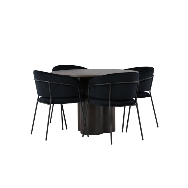 Olivia ruokapöytä 110cm - mocca / mocca viilu + 4 kpl Selma ruokatuoleja - musta / musta sametti - KalusteDuo_Huonekaluliike_Ruokailuryhmä